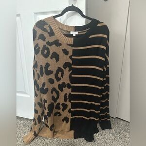Chic Leopard and Stripe Sweater - Black and Tan